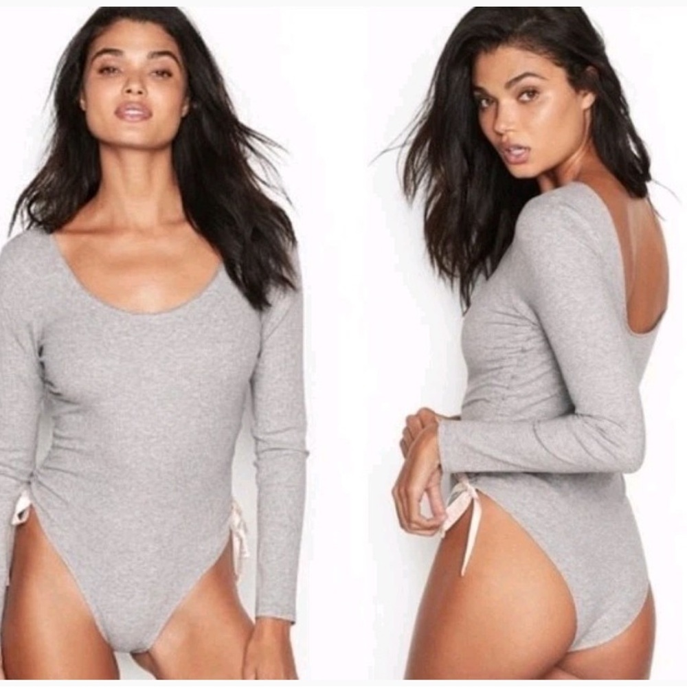 Victoria's Secret Ribbed Bodysuit Light Pink Adjustable Straps Ruched Size Large